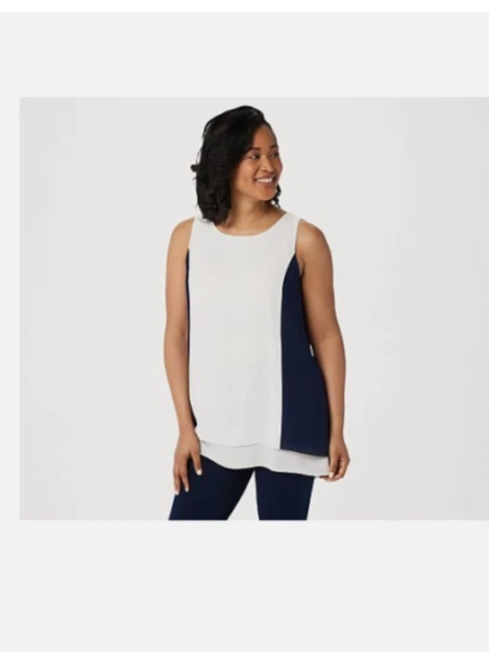 Dennis Basso Sleeveless Woven Color-Block Top-Ivory/Navy-Reg 14--A353094